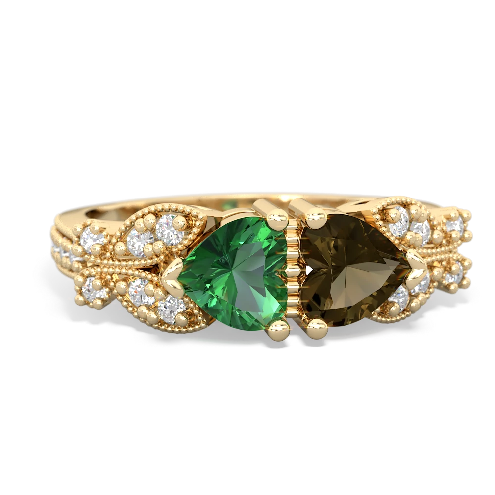 Lab Emerald Diamond Butterflies 14K Yellow Gold ring R5601