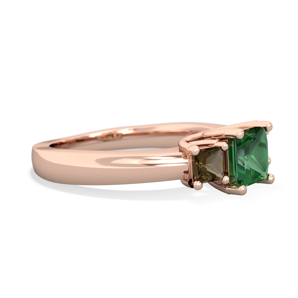 Lab Emerald Three Stone Trellis 14K Rose Gold ring R4015