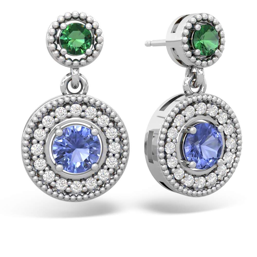 Lab Emerald Halo Dangle 14K White Gold earrings E5319