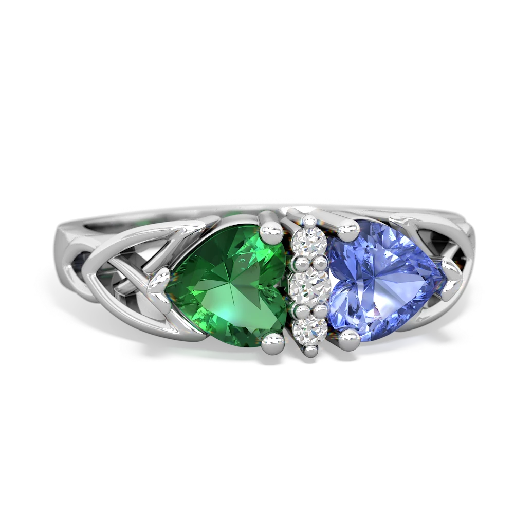 Lab Emerald Celtic Knot Double Heart 14K White Gold ring R5040