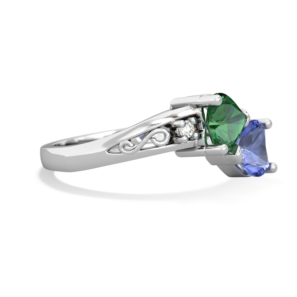 Lab Emerald Snuggling Hearts 14K White Gold ring R2178