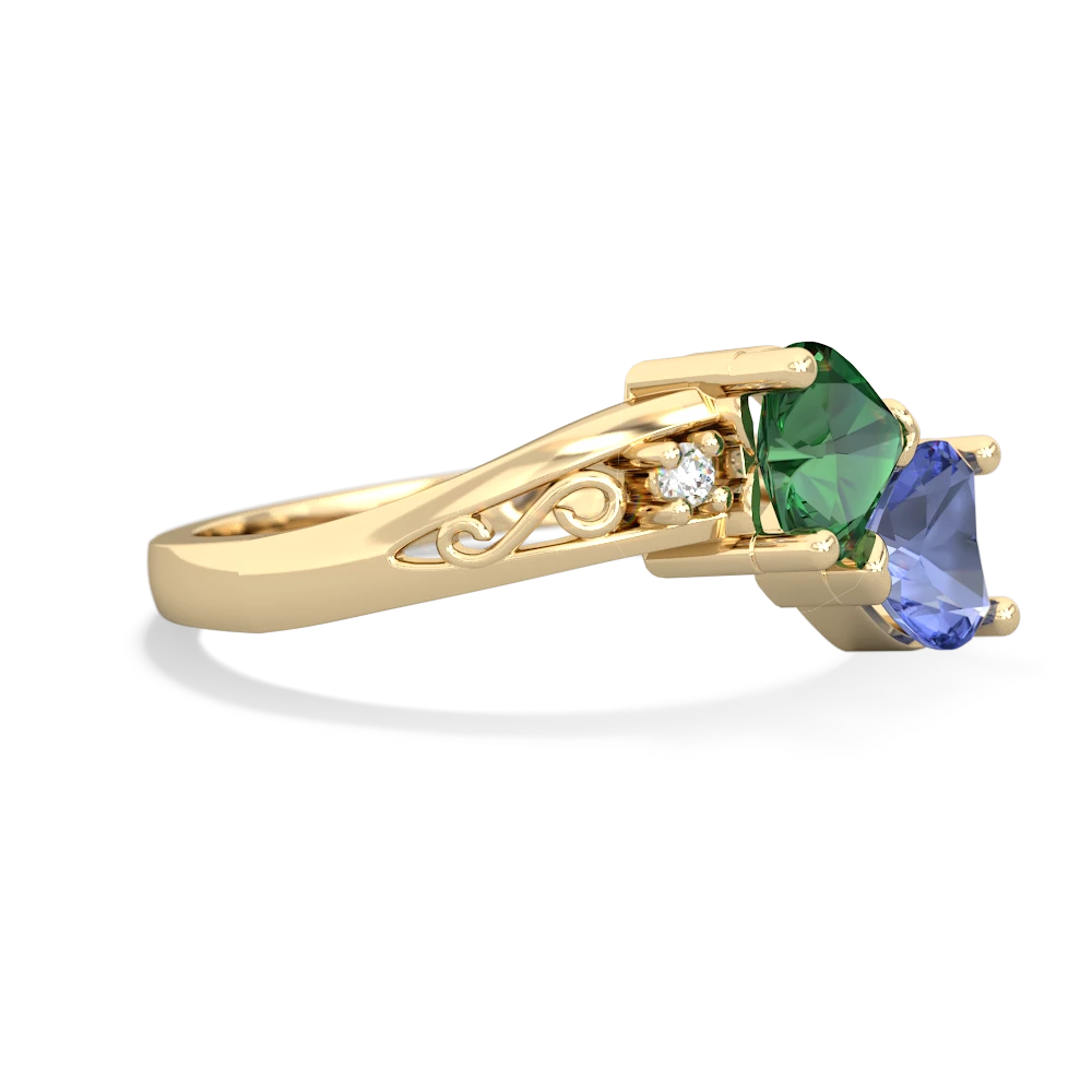 Lab Emerald Snuggling Hearts 14K Yellow Gold ring R2178