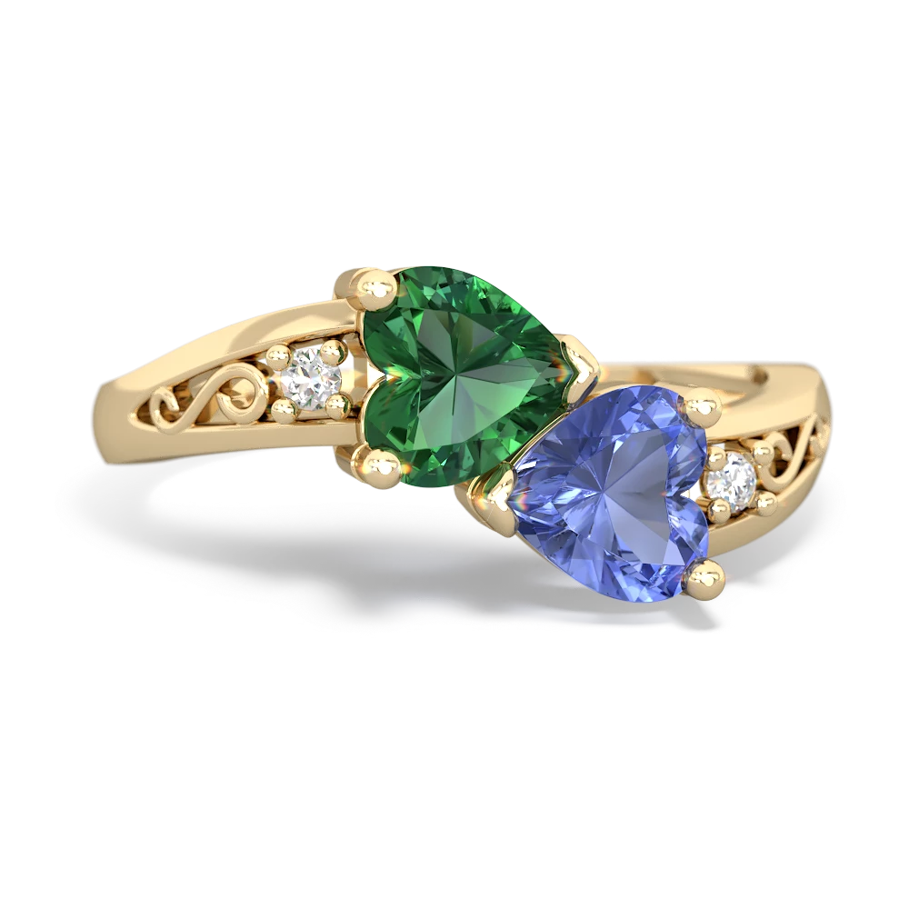 Lab Emerald Snuggling Hearts 14K Yellow Gold ring R2178