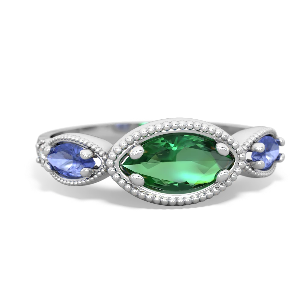 Lab Emerald Milgrain Marquise 14K White Gold ring R5700