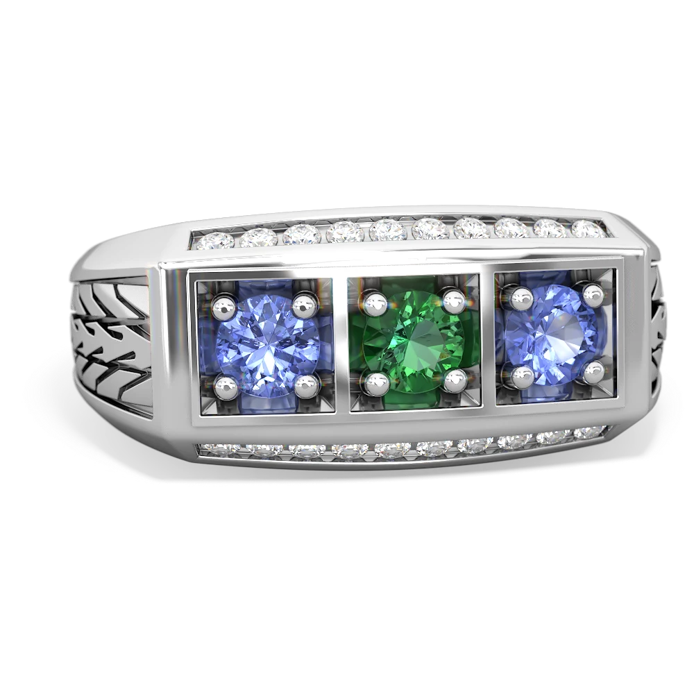 Lab Emerald Three Stone Tire Tread Men's 14K White Gold ring R0520