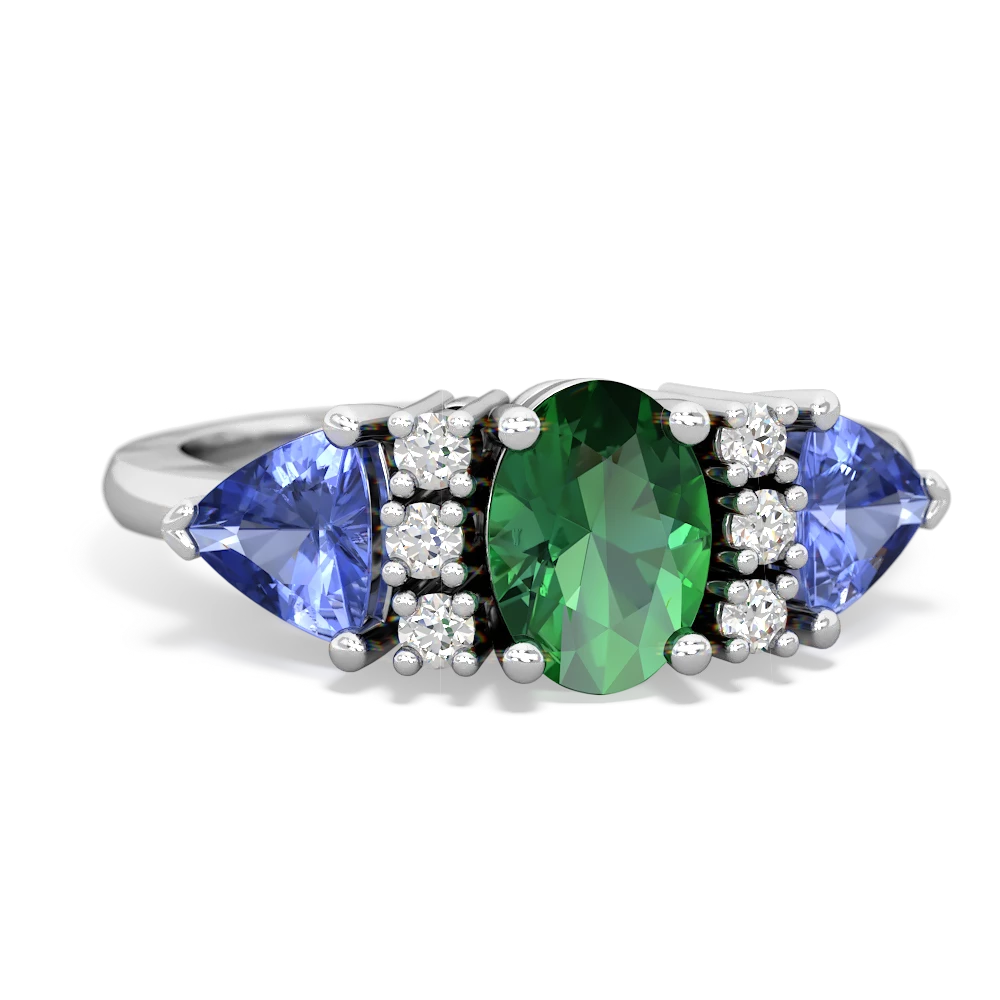 Lab Emerald Antique Style Three Stone 14K White Gold ring R2186