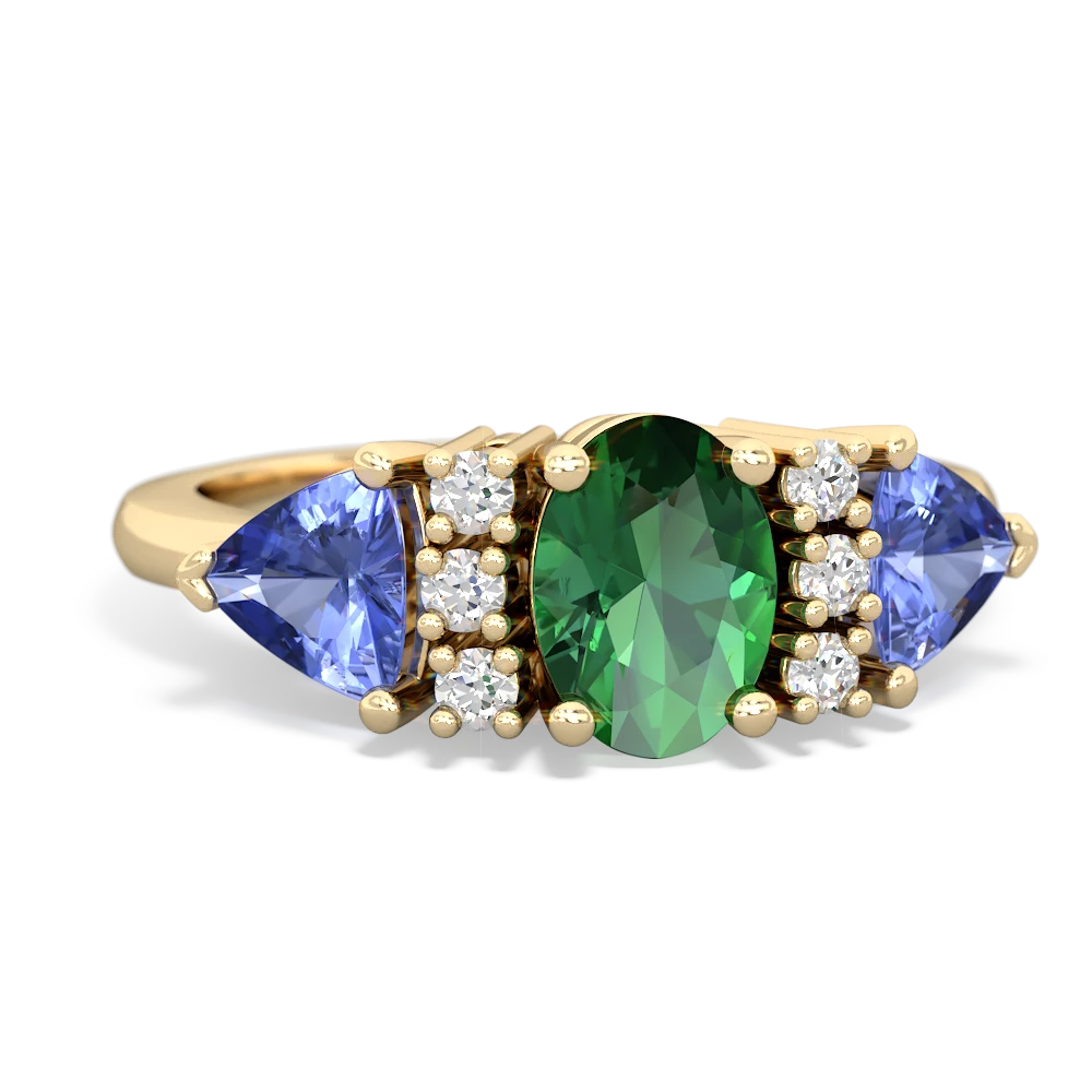 Lab Emerald Antique Style Three Stone 14K Yellow Gold ring R2186