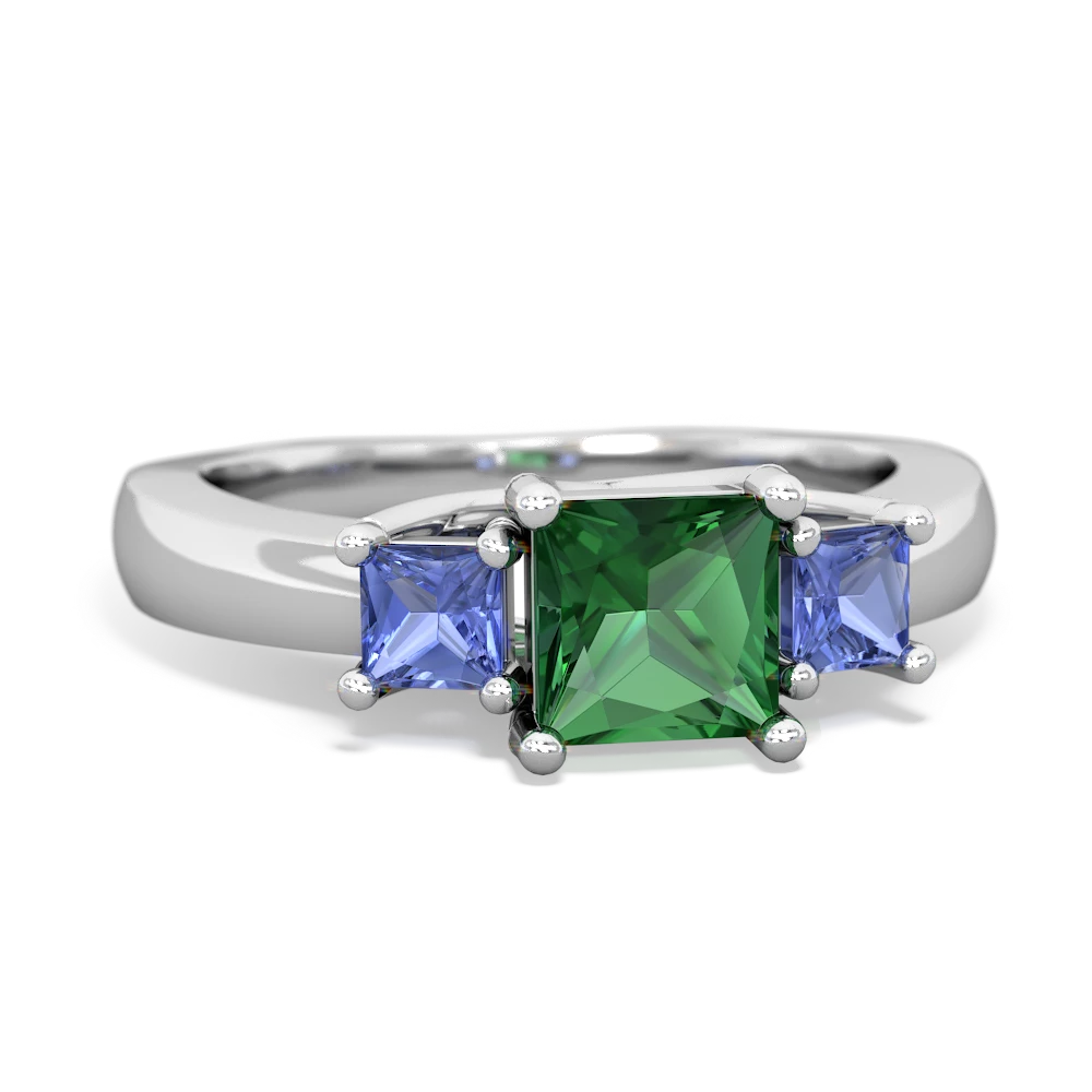 Lab Emerald Three Stone Trellis 14K White Gold ring R4015