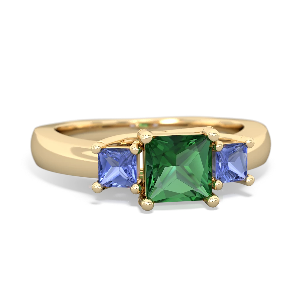 Lab Emerald Three Stone Trellis 14K Yellow Gold ring R4015