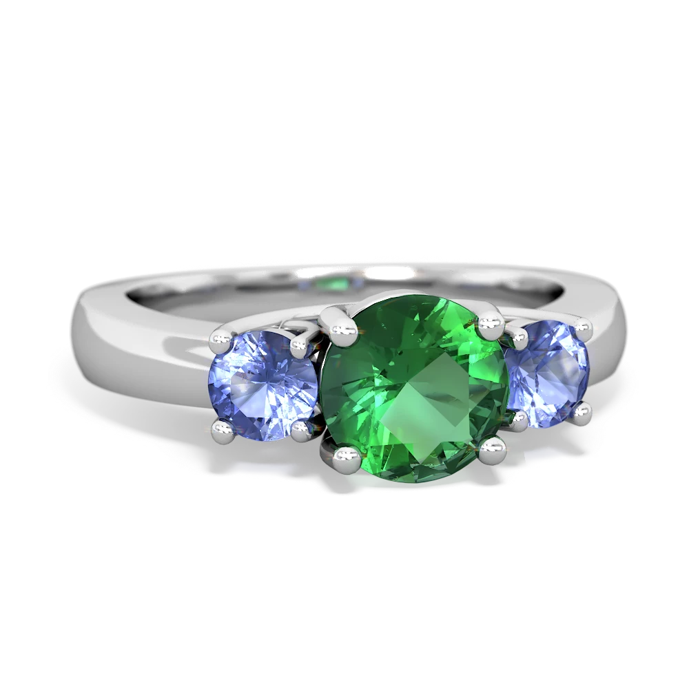 Lab Emerald Three Stone Round Trellis 14K White Gold ring R4018