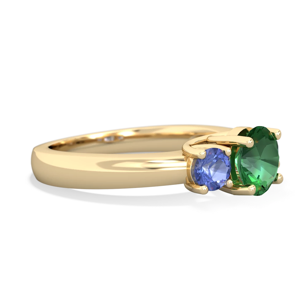 Lab Emerald Three Stone Round Trellis 14K Yellow Gold ring R4018