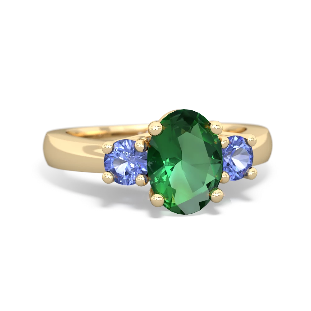 Lab Emerald Three Stone Oval Trellis 14K Yellow Gold ring R4024