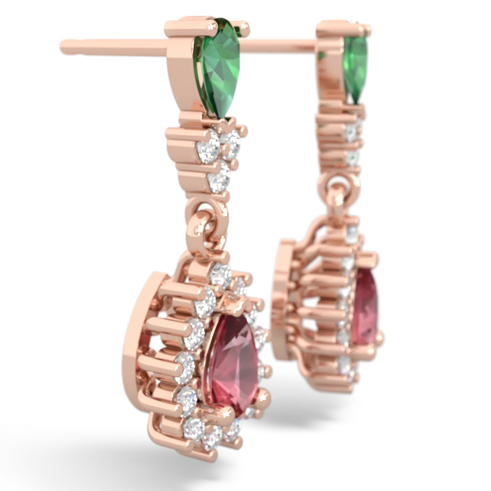 Lab Emerald Halo Pear Dangle 14K Rose Gold earrings E1882