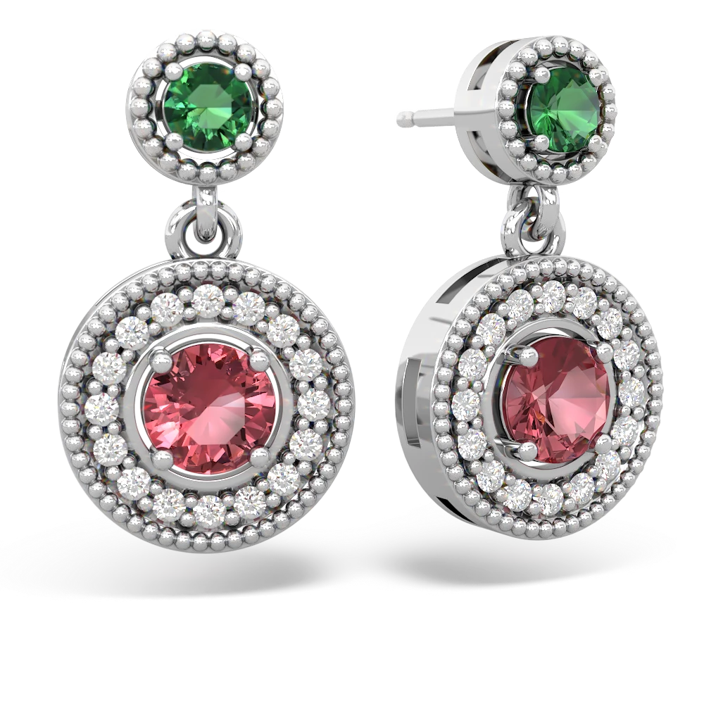 Lab Emerald Halo Dangle 14K White Gold earrings E5319