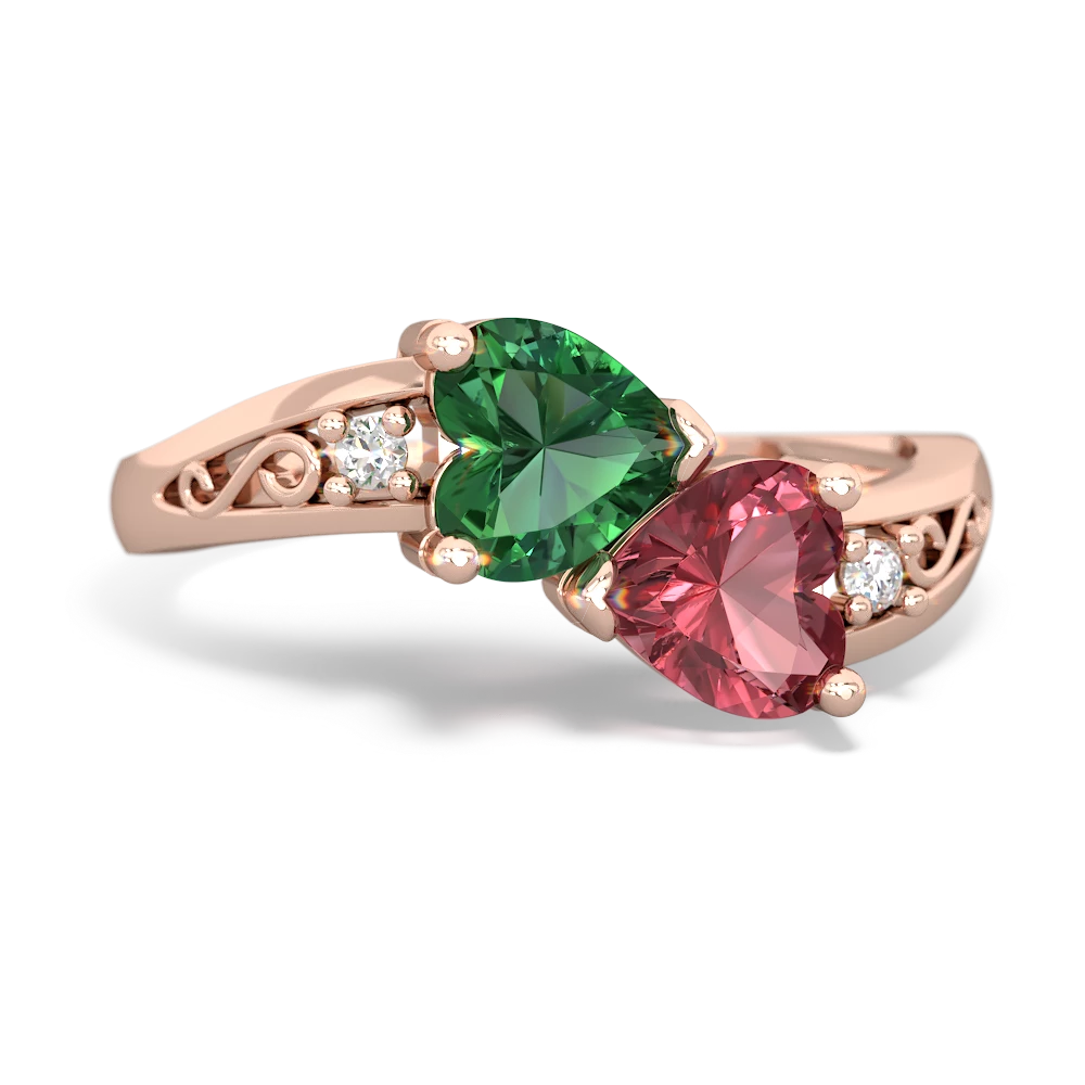 Lab Emerald Snuggling Hearts 14K Rose Gold ring R2178