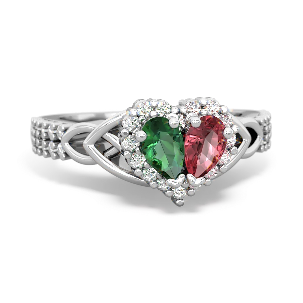 Lab Emerald Celtic Knot Two Hearts As One 14K White Gold ring R2644HRT