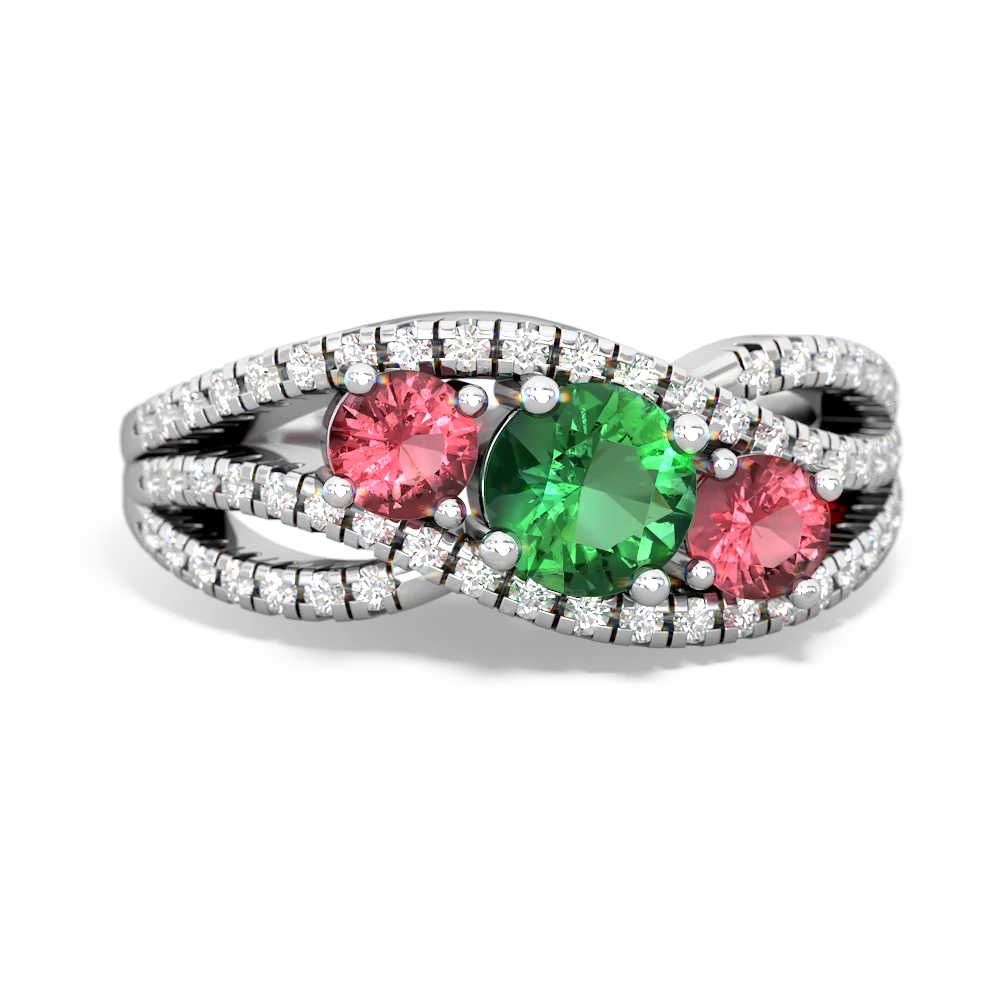 Lab Emerald Three Stone Aurora 14K White Gold ring R3080