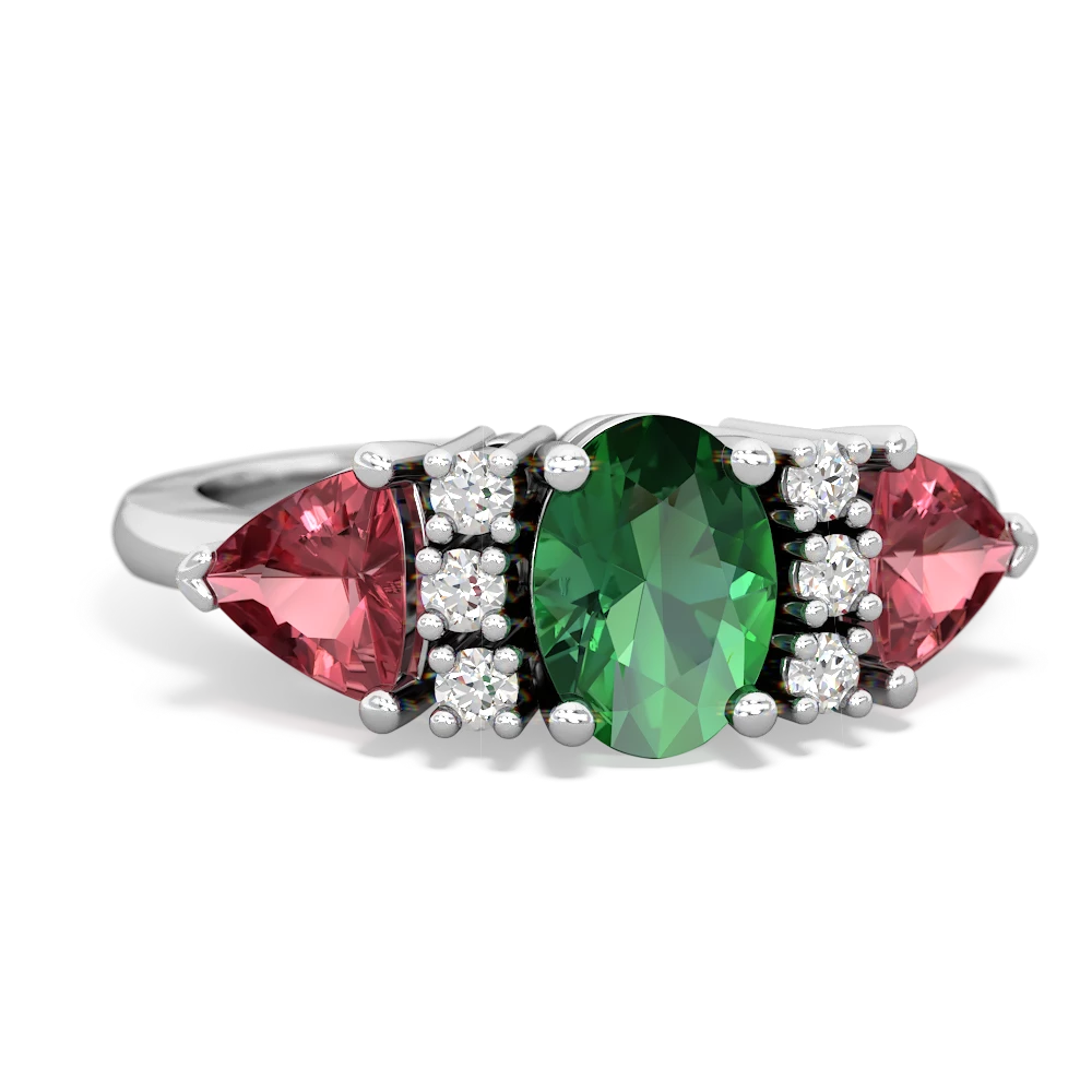 Lab Emerald Antique Style Three Stone 14K White Gold ring R2186