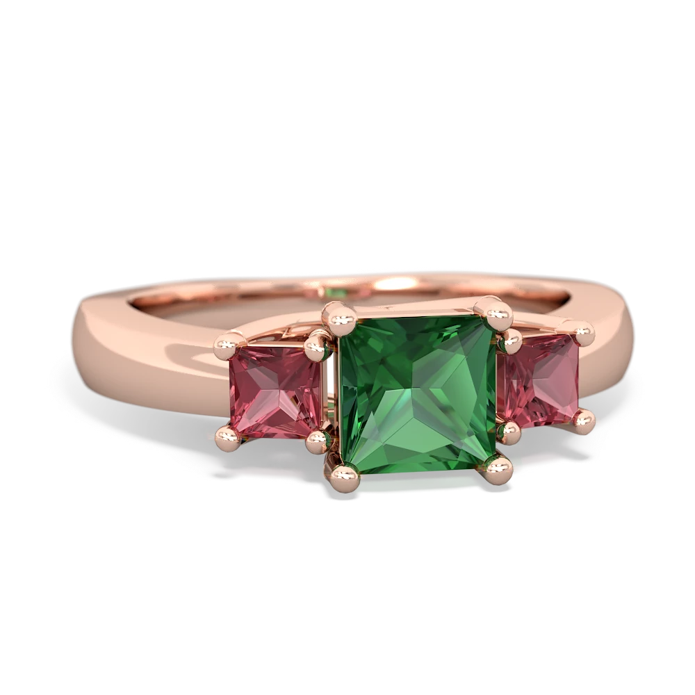 Lab Emerald Three Stone Trellis 14K Rose Gold ring R4015