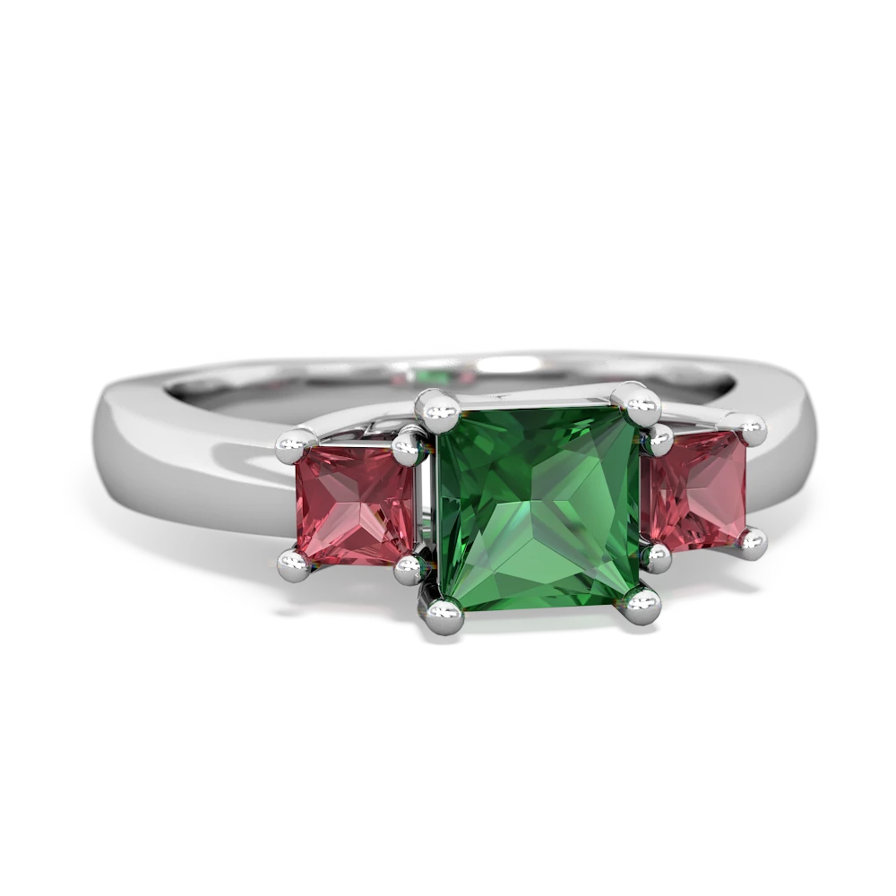 Lab Emerald Three Stone Trellis 14K White Gold ring R4015