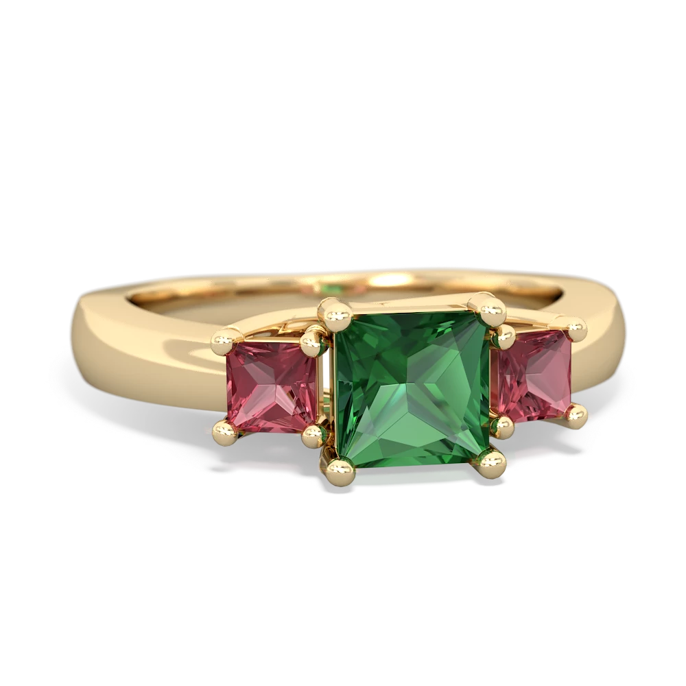 Lab Emerald Three Stone Trellis 14K Yellow Gold ring R4015