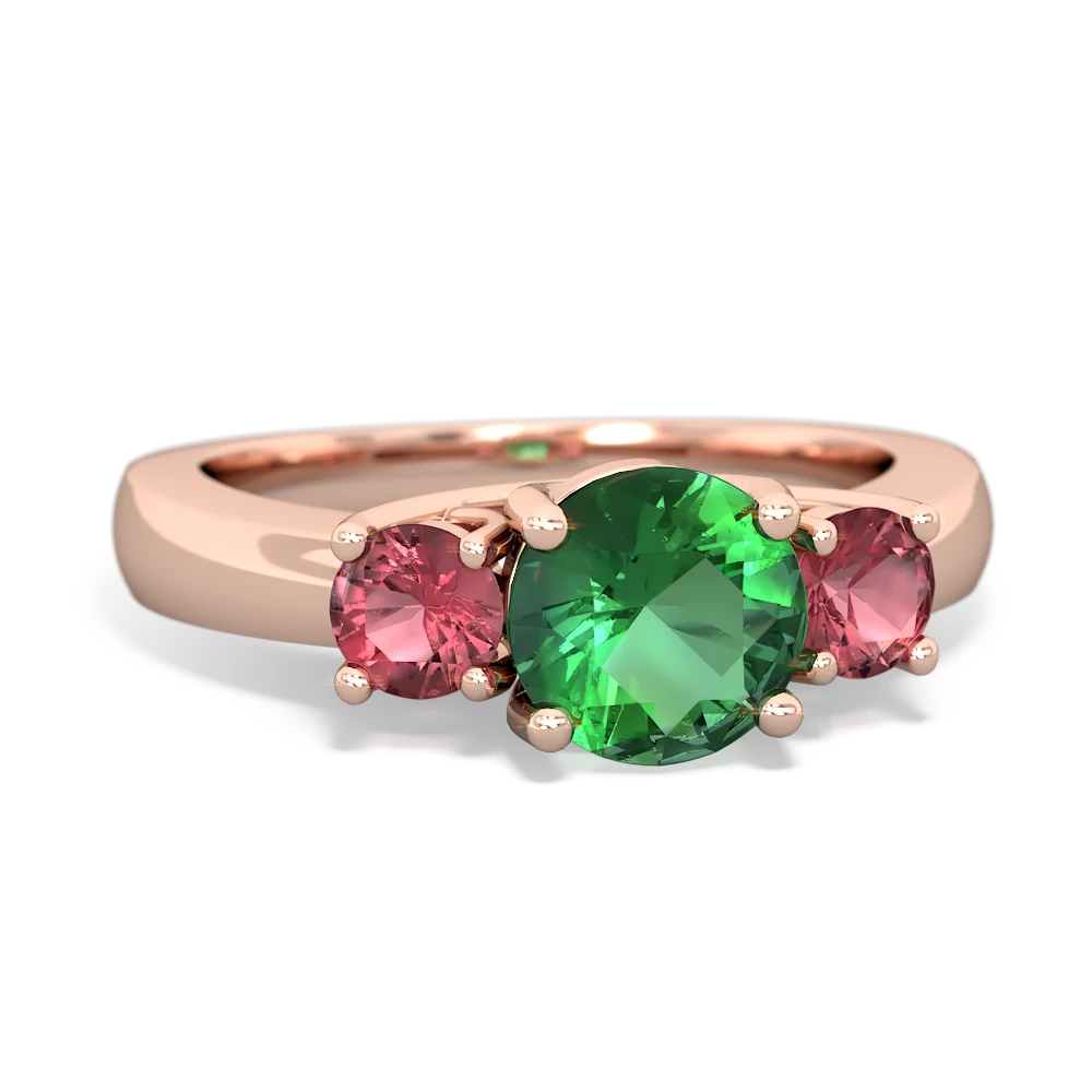 Lab Emerald Three Stone Round Trellis 14K Rose Gold ring R4018