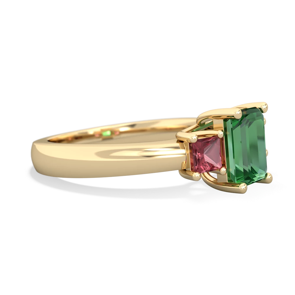 Lab Emerald Three Stone Emerald-Cut Trellis 14K Yellow Gold ring R4021