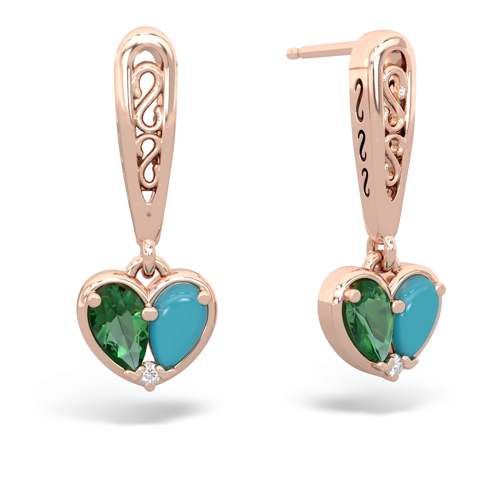 Lab Emerald Filligree Heart 14K Rose Gold earrings E5070