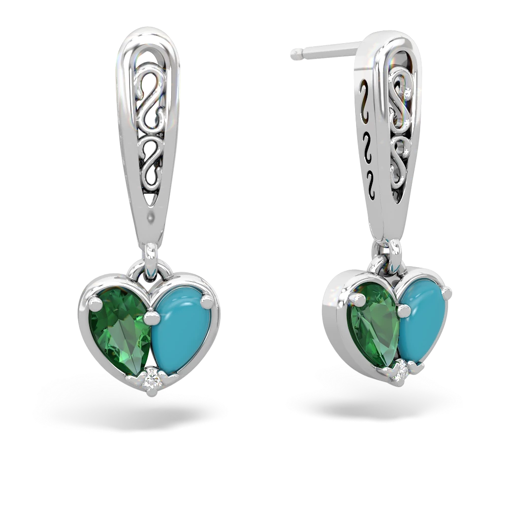 Lab Emerald Filligree Heart 14K White Gold earrings E5070