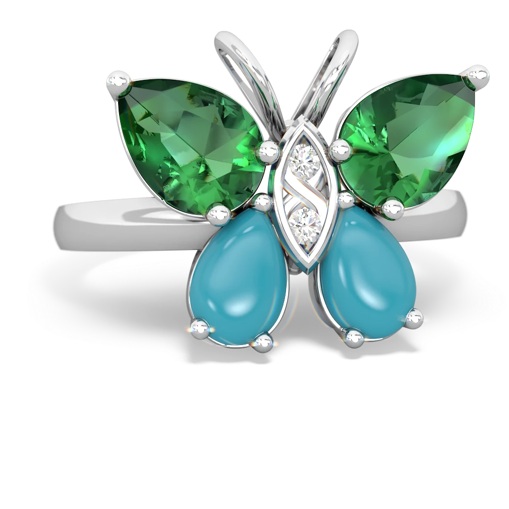 Lab Emerald Butterfly 14K White Gold ring R2215