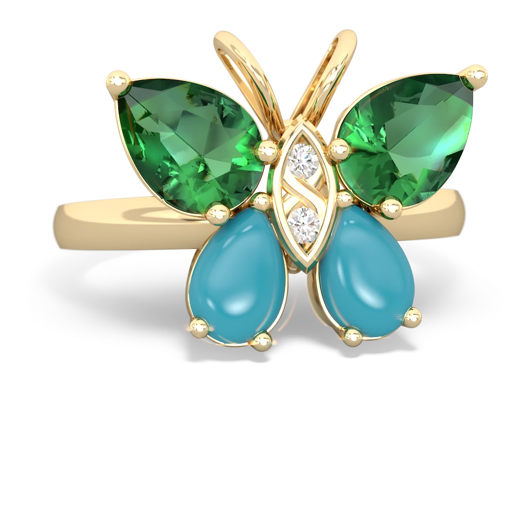 Lab Emerald Butterfly 14K Yellow Gold ring R2215