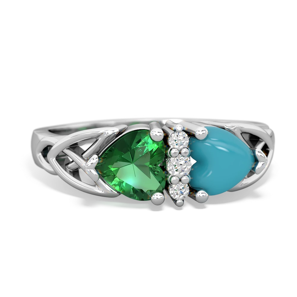 Lab Emerald Celtic Knot Double Heart 14K White Gold ring R5040