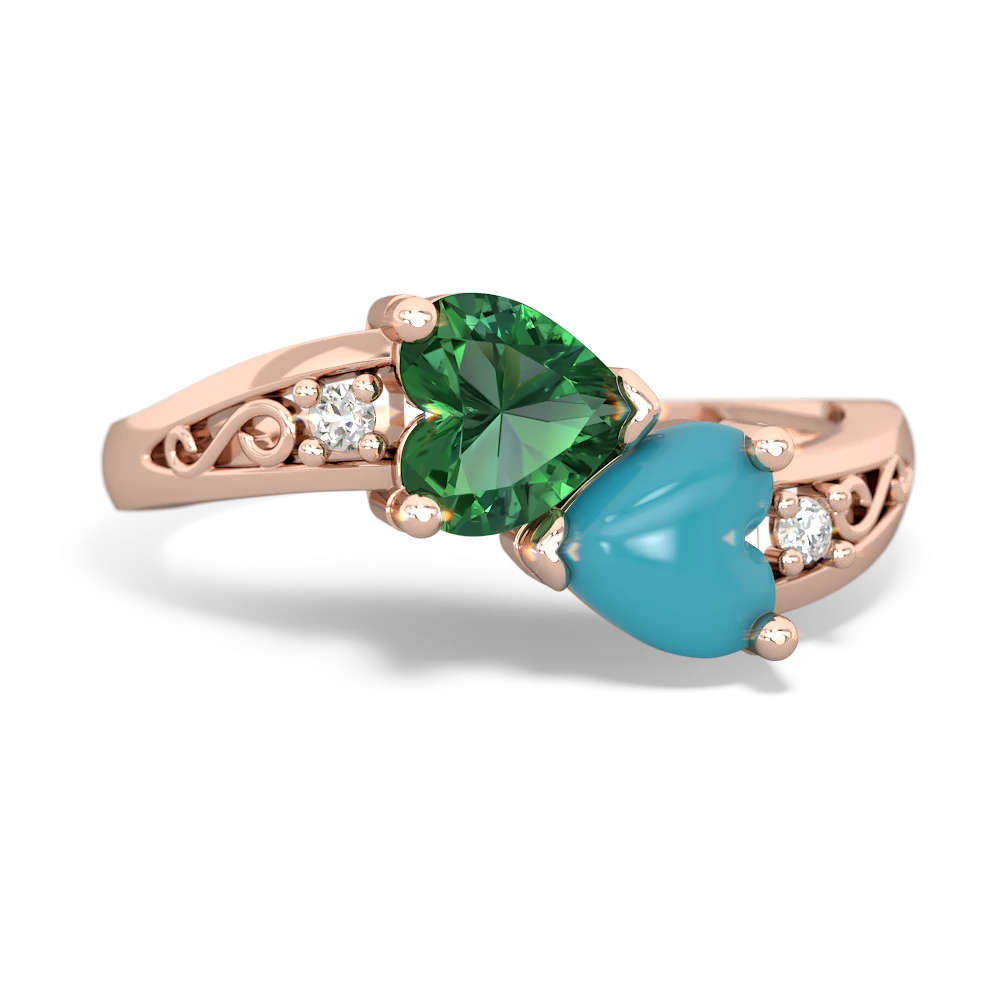 Lab Emerald Snuggling Hearts 14K Rose Gold ring R2178