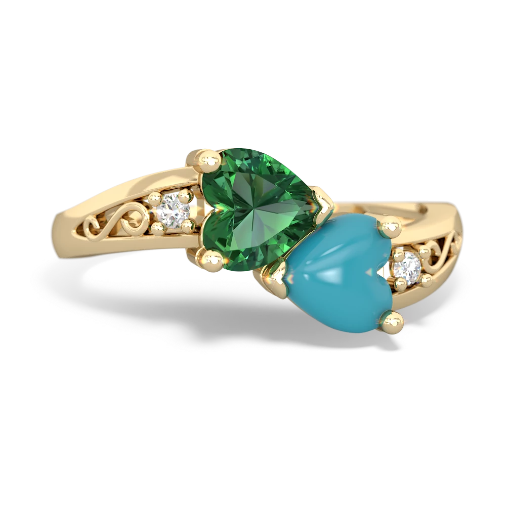 Lab Emerald Snuggling Hearts 14K Yellow Gold ring R2178