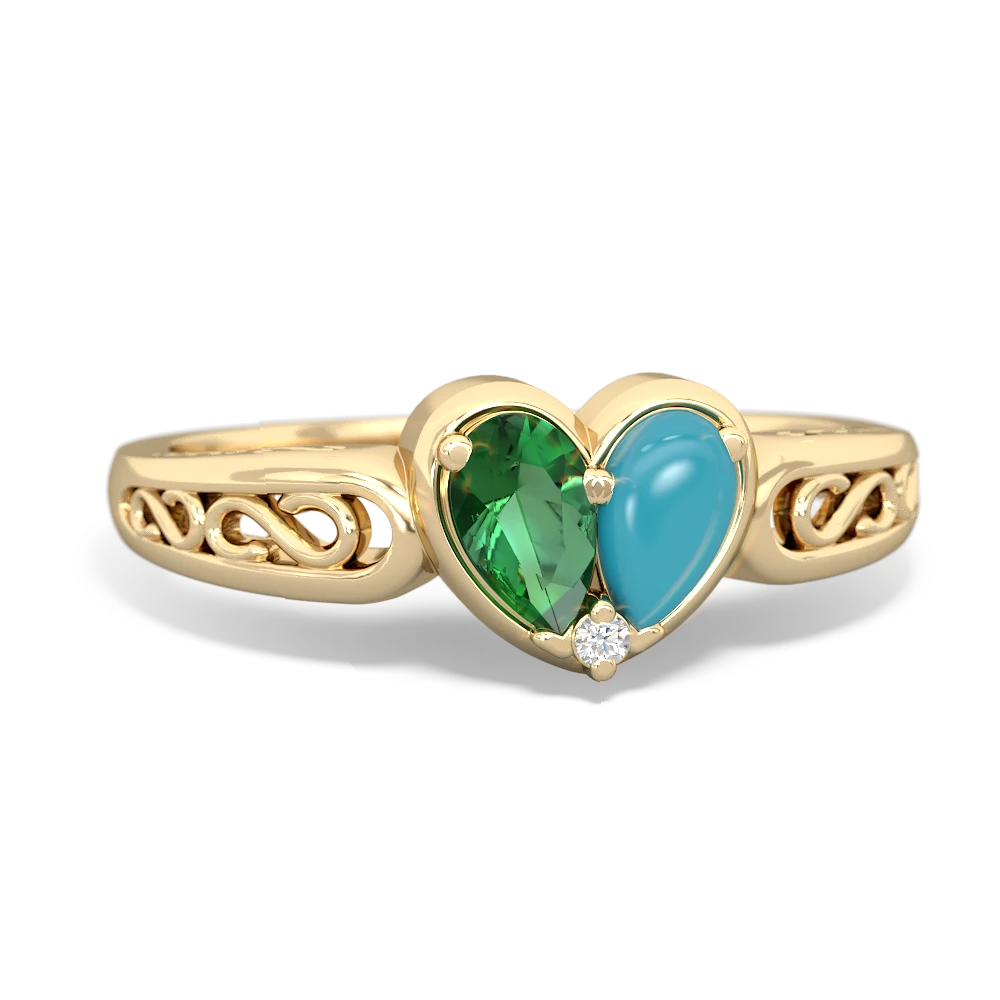 Lab Emerald Filligree 'One Heart' 14K Yellow Gold ring R5070