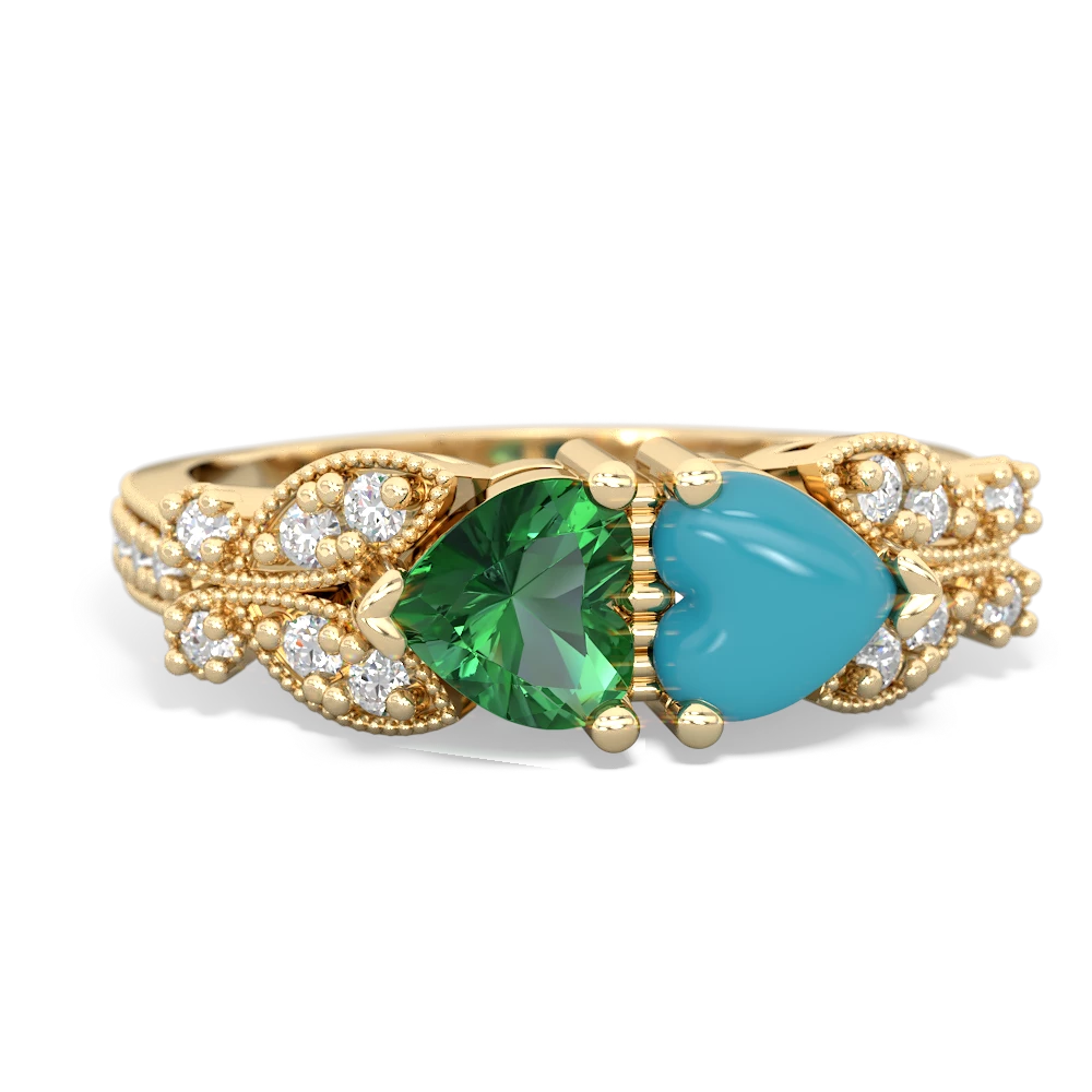 Lab Emerald Diamond Butterflies 14K Yellow Gold ring R5601