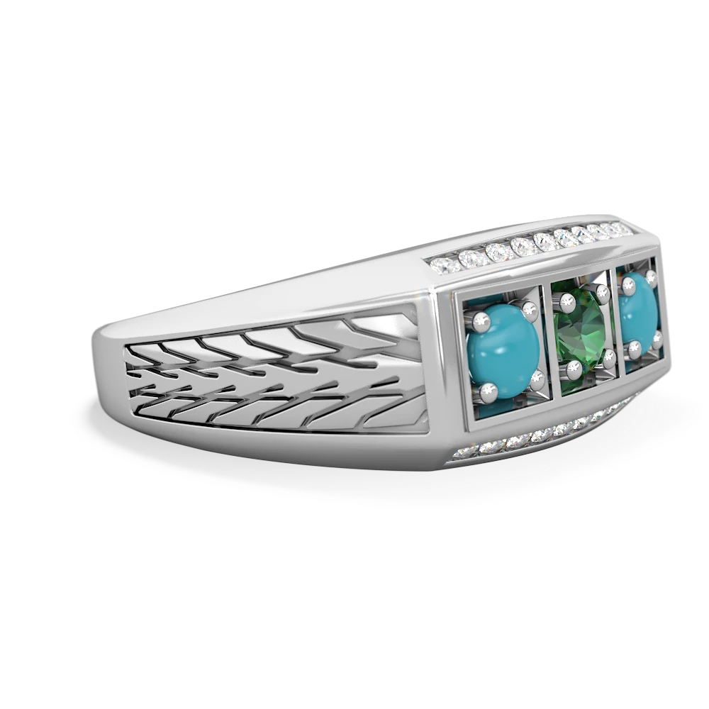 Lab Emerald Three Stone Tire Tread Men's 14K White Gold ring R0520