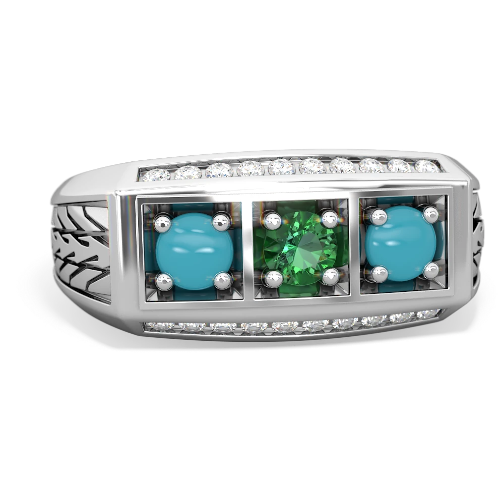 Lab Emerald Three Stone Tire Tread Men's 14K White Gold ring R0520