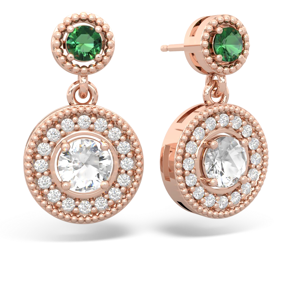 Lab Emerald Halo Dangle 14K Rose Gold earrings E5319