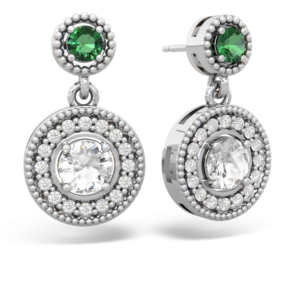 Lab Emerald Halo Dangle 14K White Gold earrings E5319