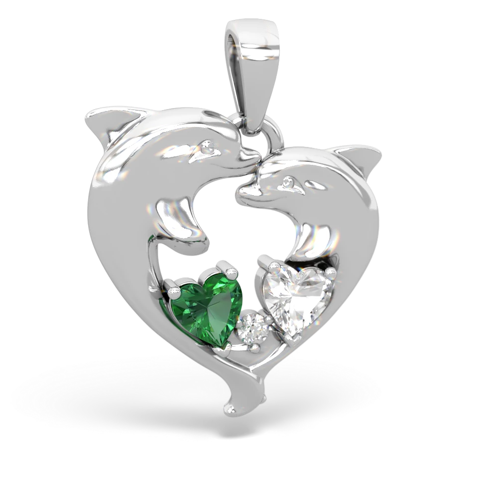 Lab Emerald Dolphin Heart 14K White Gold pendant P5820