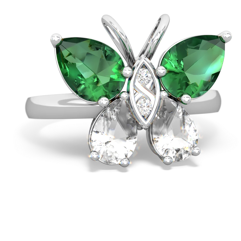 Lab Emerald Butterfly 14K White Gold ring R2215