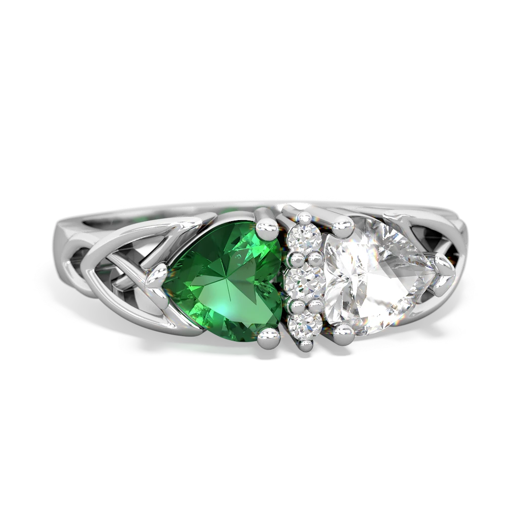 Lab Emerald Celtic Knot Double Heart 14K White Gold ring R5040