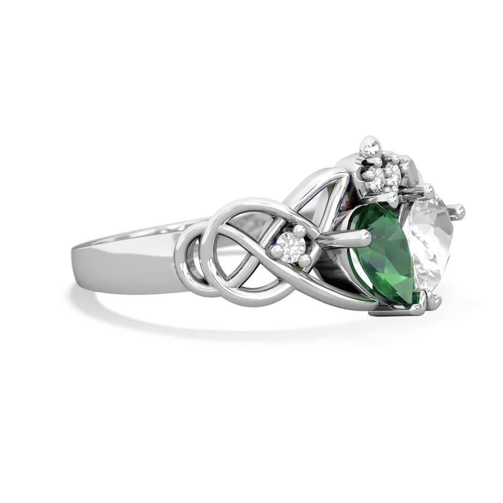 Lab Emerald 'One Heart' Celtic Knot Claddagh 14K White Gold ring R5322