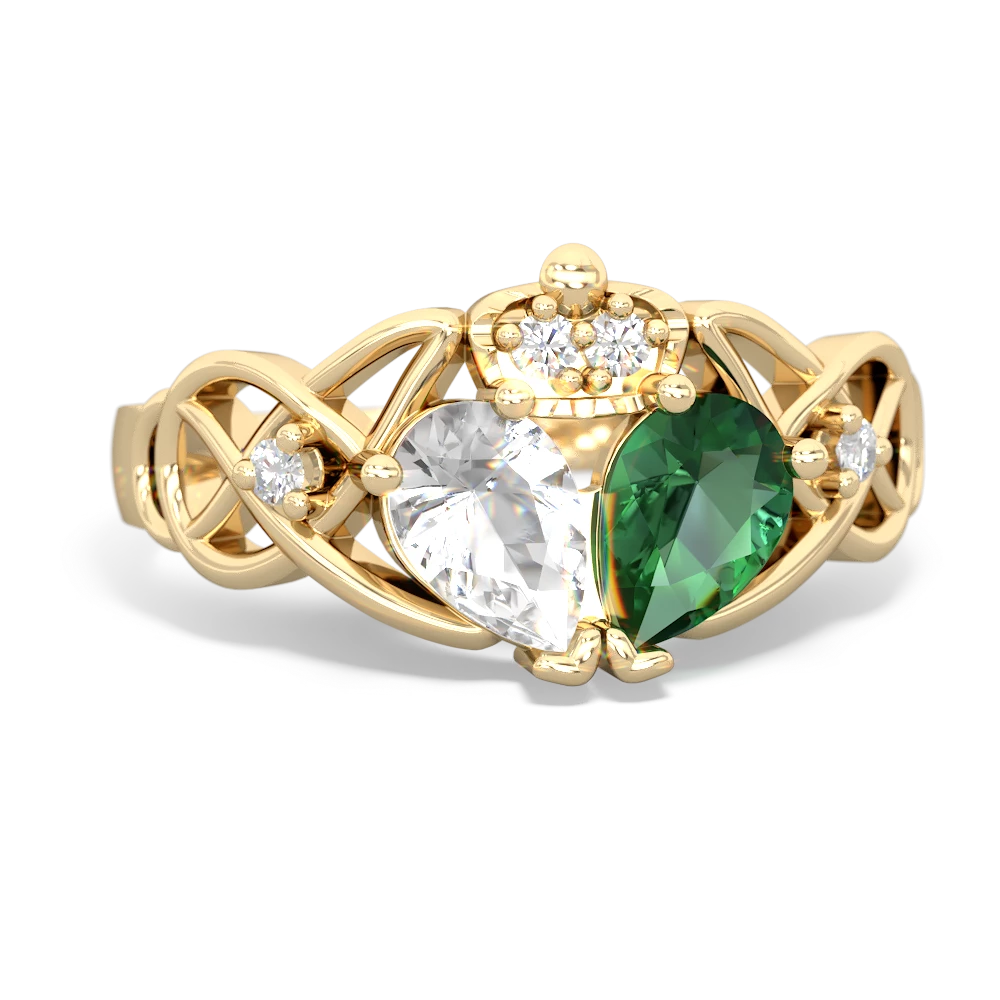 Lab Emerald 'One Heart' Celtic Knot Claddagh 14K Yellow Gold ring R5322