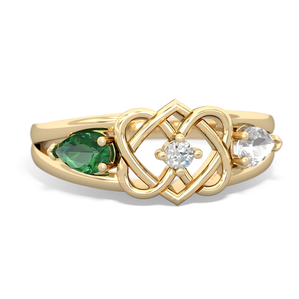 Lab Emerald Hearts Intertwined 14K Yellow Gold ring R5880