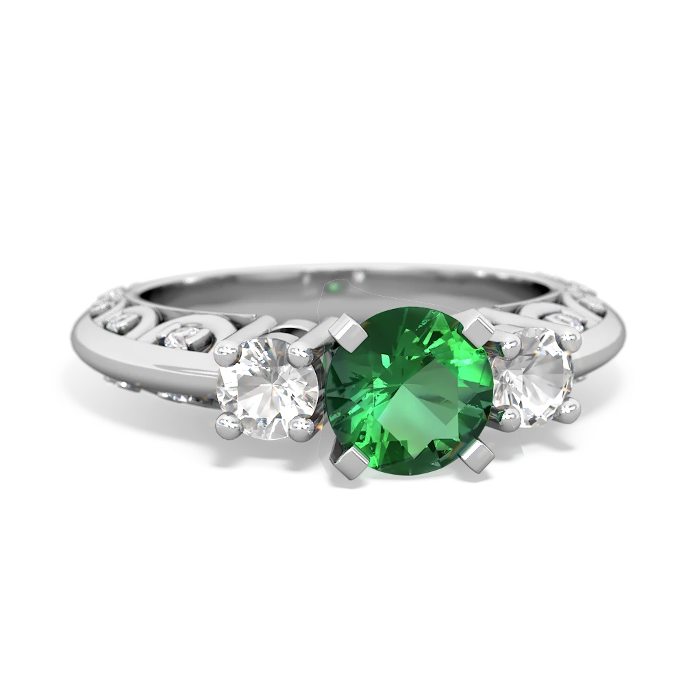 Lab Emerald Art Deco Eternal Embrace Engagement 14K White Gold ring C2003