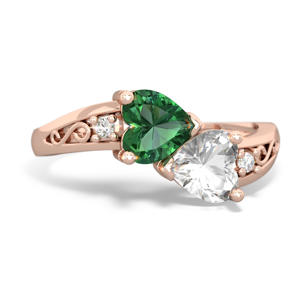 Lab Emerald Snuggling Hearts 14K Rose Gold ring R2178