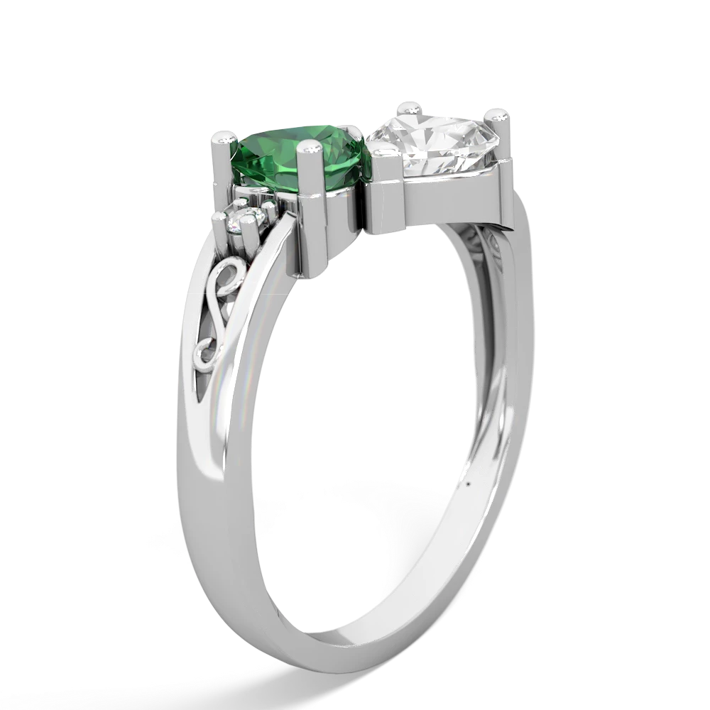 Lab Emerald Snuggling Hearts 14K White Gold ring R2178