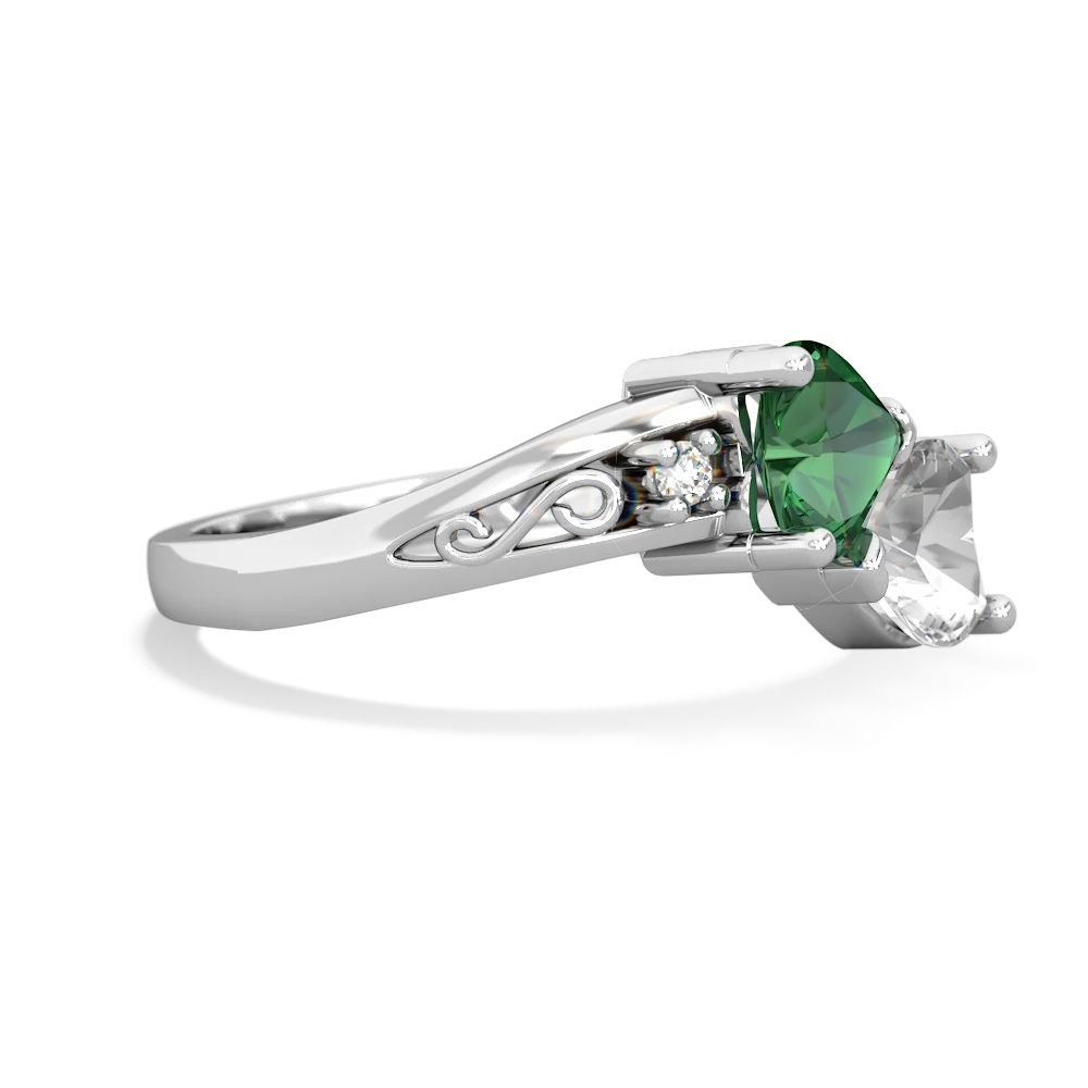 Lab Emerald Snuggling Hearts 14K White Gold ring R2178